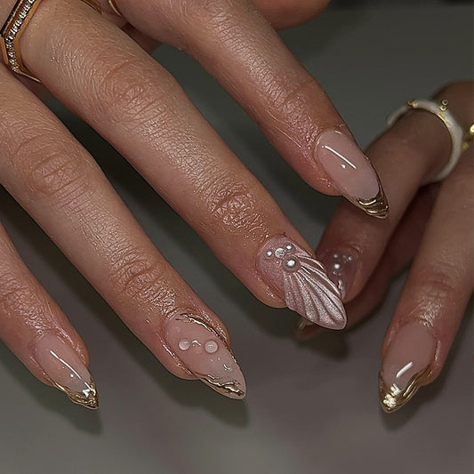 Golden Elegance Long Almond Beige and Pearl Accent Press-On Nail Set