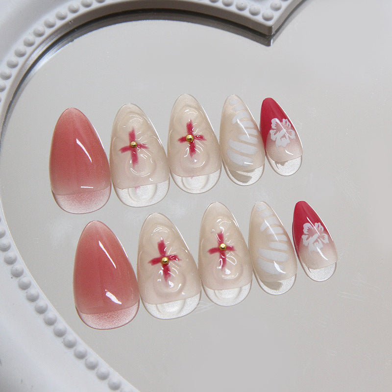 Tropical Blossom Press On Nail Set Length Long Shape Almond Color Pink and Clear with Floral Design