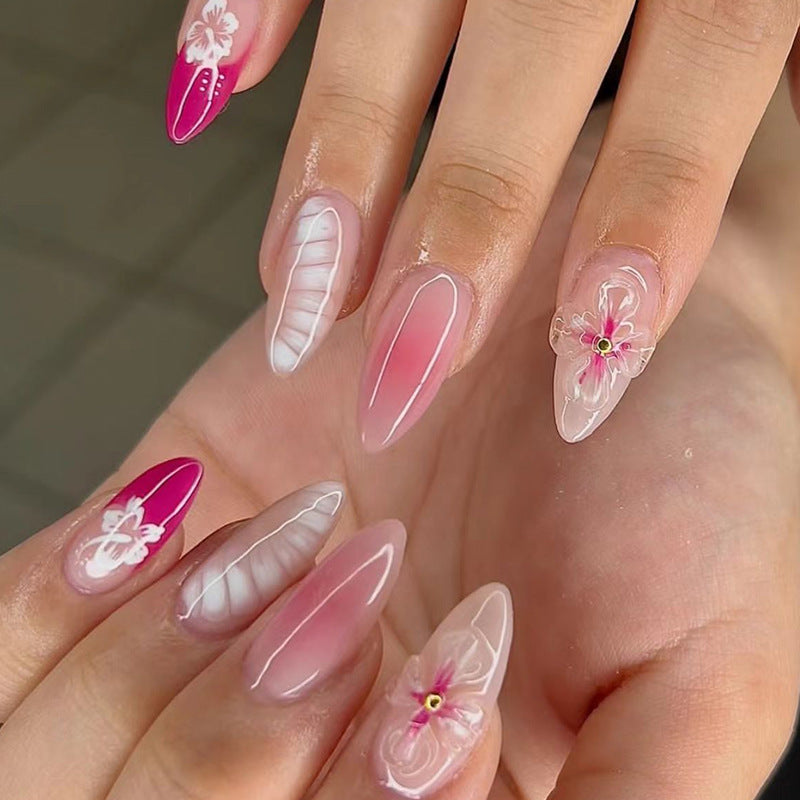 Tropical Blossom Long Almond Pink and White Floral Press On Nail Set