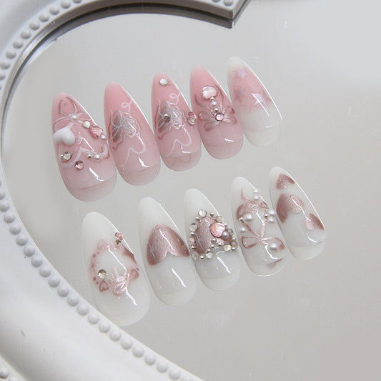 Romantic Garden Long Almond Pink and White Press On Nail Set with Stunning 3D Accents