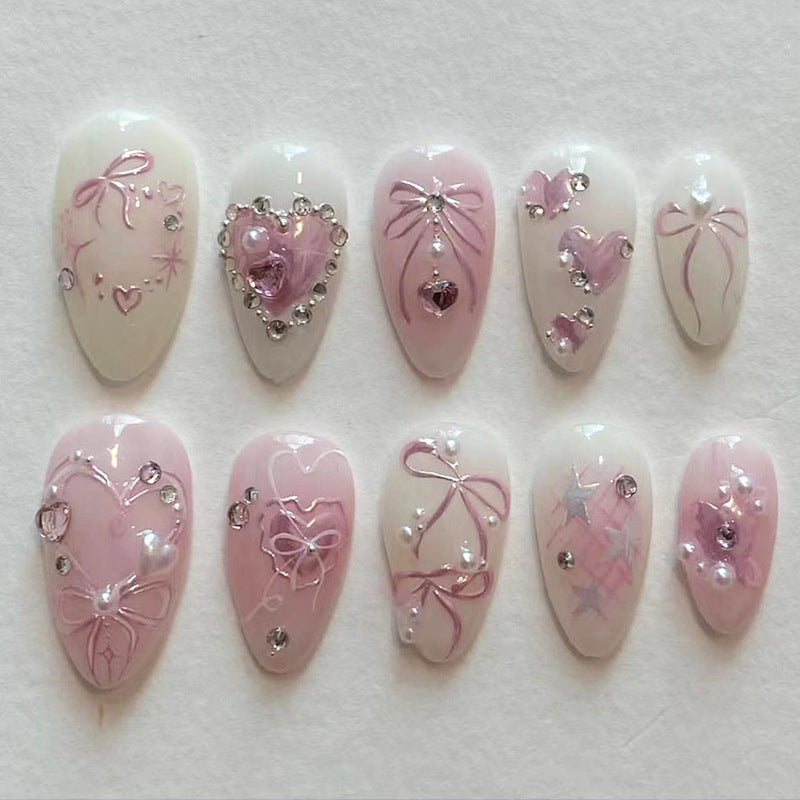 Charming Romance Long Almond Pink Glitter Press On Nail Set with Heart and Bow Designs