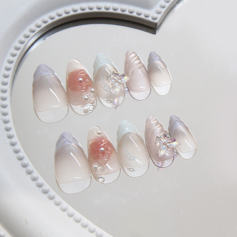 Mermaid Dreams Long Almond Light Pink Ombre Press On Nail Set with Iridescent Detailing and Pearl Accents