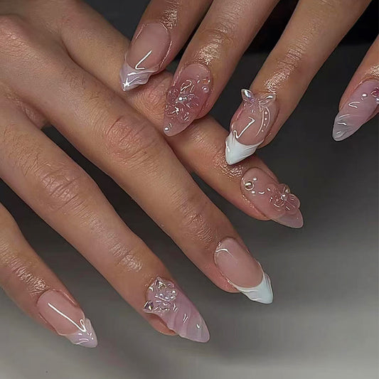 Elegant Garden Fantasy Long Almond Shape Pink Press On Nail Set with Floral Embellishments