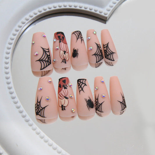 Halloween Magic Long Square Pink Press On Nail Set with Spider and Web Designs and Crystal Accents