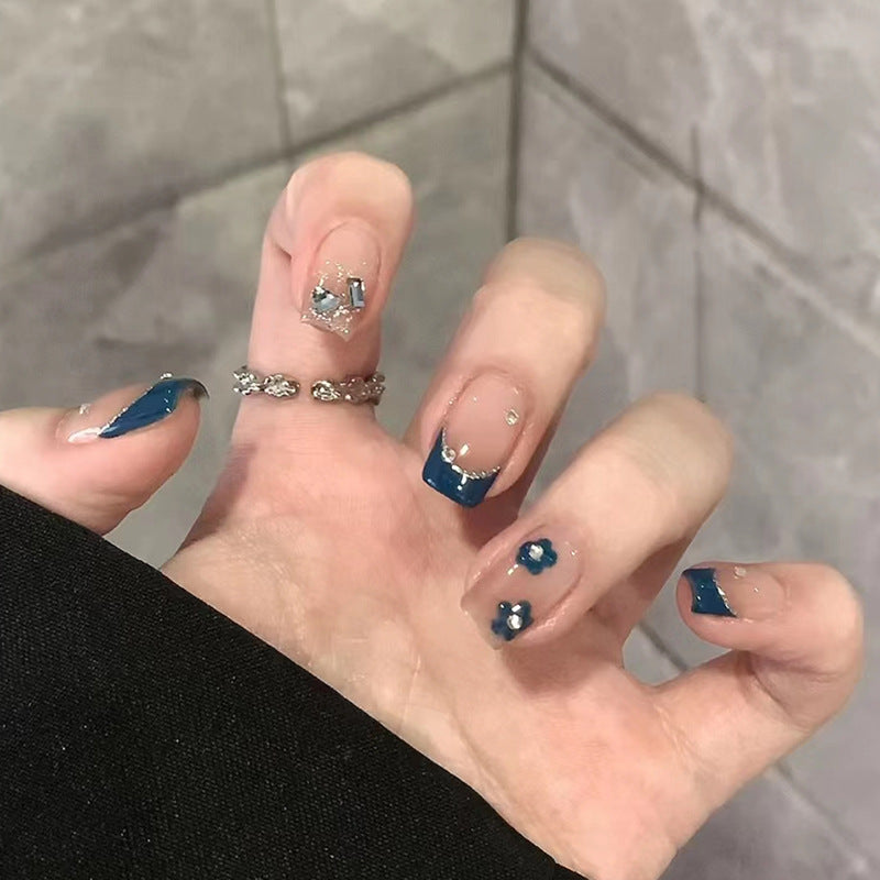 Ocean Breeze Long Square Blue Press On Nail Set with Elegant Glitter and Floral Accents