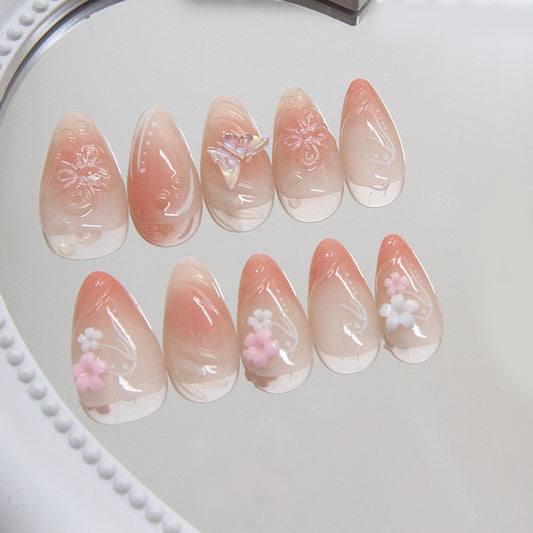 Blossom Dreams Long Almond Pink Ombre Press On Nail Set with Floral Designs and Gem Accents