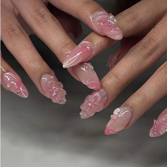 Blossom Dream Long Almond Pink Press On Nail Set with Floral Embellishments