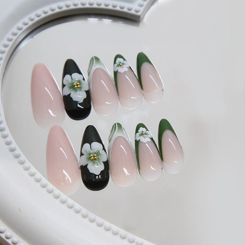 Elegant Floral Dream Long Stiletto Press On Nail Set in Pink Green and Black with Charming Flower Designs