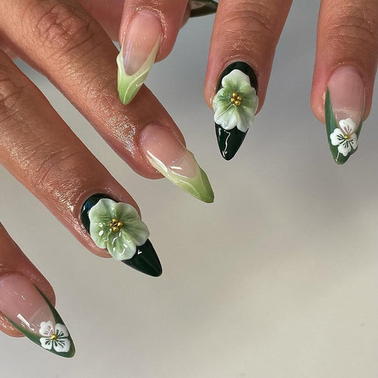 Floral Paradise Long Stiletto Press On Nail Set Green and Clear with Hand-Painted Flower Accents