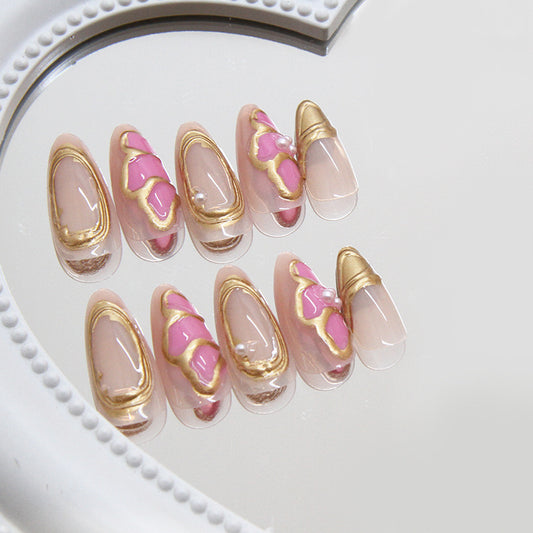 Glamorous Elegance Long Almond Pink and Gold Press On Nail Set with Pearl Accent