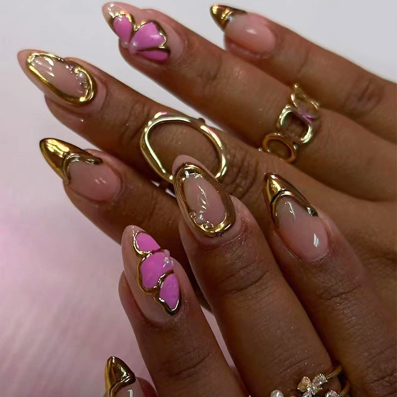 Floral Elegance Extra Long Almond Shaped Beige and Pink Press On Nail Set with Gold Accent Design