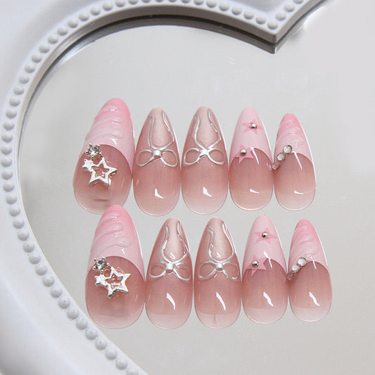 Dreamy Floral Blush Medium Almond Ombre Nail Set with Charming Star Accents and Bow Details