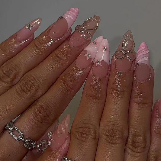 Charming Garden Tapered Long Almond Pink Press On Nail Set with Elegant Butterfly Accents and Sparkling Gems