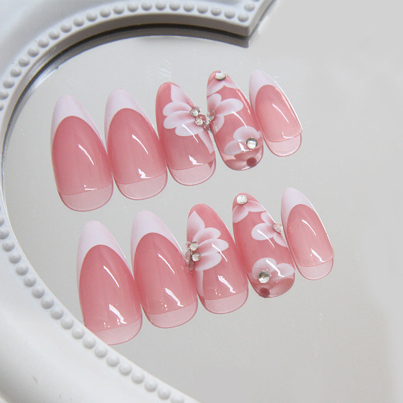 Blossom Romance Long Almond Pink Press On Nail Set with Floral Designs and Rhinestone Accents