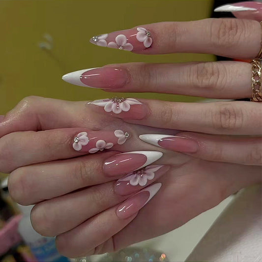 Blossom Elegance Long Stiletto Pink and White Floral Press On Nail Set with Rhinestones