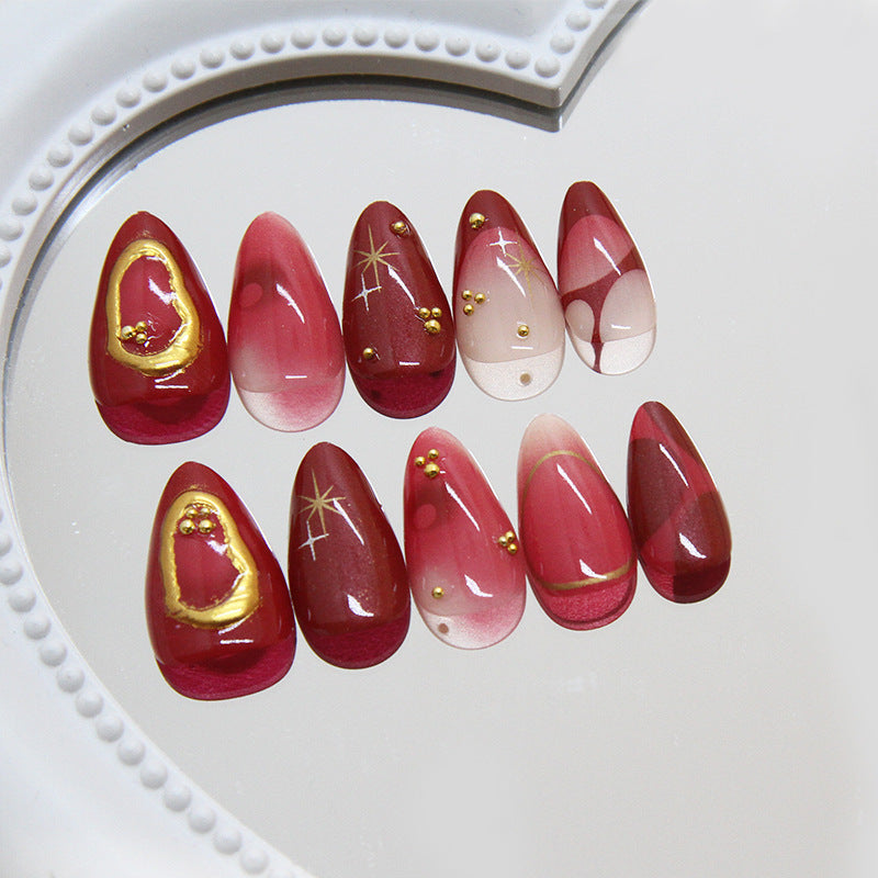 Charming Romance Long Almond Red Gradient Press On Nail Set with Glitter Gold Accents