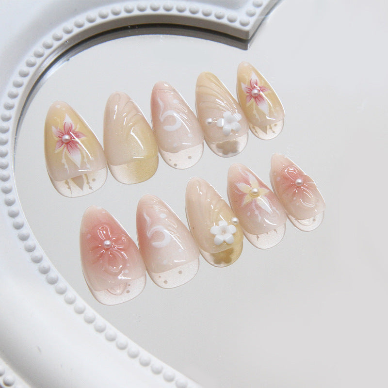 Elegant Floral Design Almond Shape Long Beige Pink Press On Nail Set with Intricate Flower Art