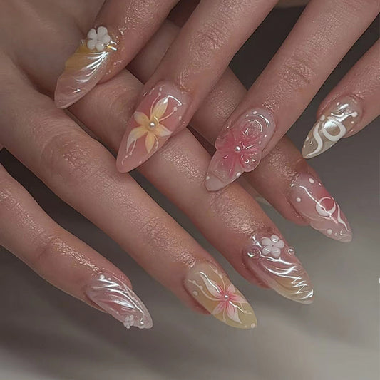 Bohemian Blossom Long Almond Sharp Pink Floral Press On Nail Set with 3D Designs