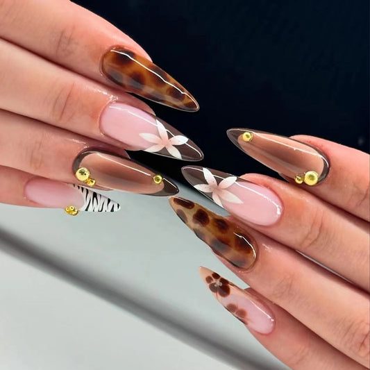 Tropical Elegance Long Stiletto Press On Nail Set Clear Brown Floral Accent with Gold Studs