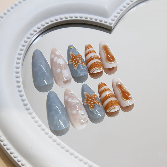 Ocean Breeze Stiletto Shape Gray and Cream Press On Long Nail Set with Starfish and Marble Design Ideal for Summer Vibes