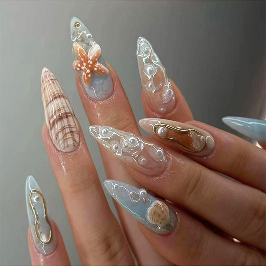 Oceanic Dream Long Stiletto Press On Nails in Soft Blue with Shell and Coral Accents