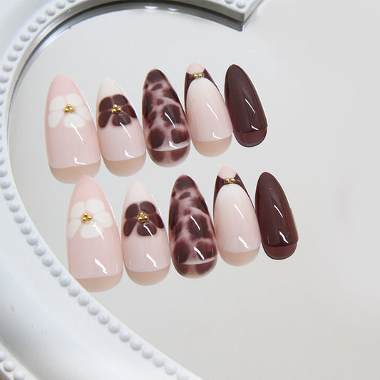 Bohemian Charm Elegant Pink and Brown Medium Almond Shaped Press On Nail Set with Unique Floral and Leopard Patterns