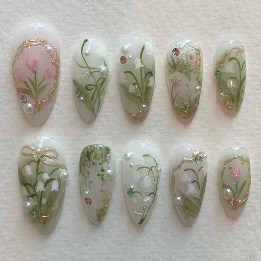 Botanical Elegance Medium Almond Green Floral Design with Shimmering Gem Accents Press On Nail Set