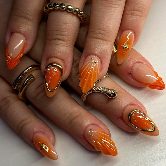 Autumn Glow Elegant Medium Almond Long Orange Press on Nail Set with Unique Gold Accents and Artistic Design