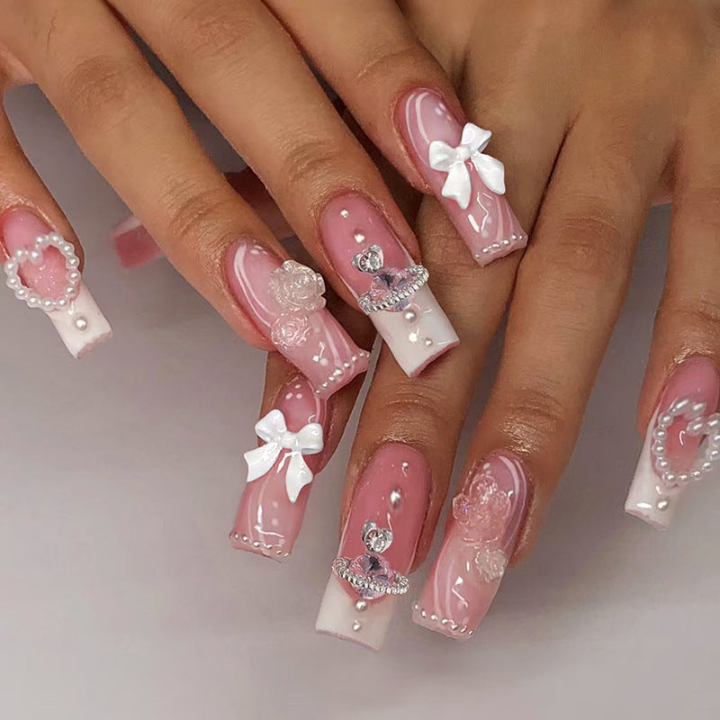 Elegant Romance Long Square Pink and White Press-On Nail Set with Charming Floral Embellishments