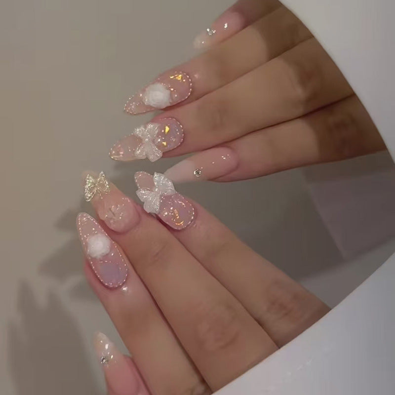 Dreamy Butterfly Garden Long Almond Pink Press-On Nail Set with Iridescent Glitter and Floral Accents