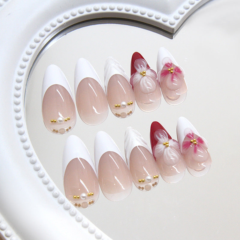 Blossom Serenity Medium Almond Shaped Beige and White Press on Nail Set with Elegant Floral Accents