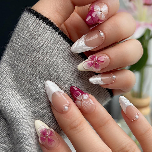 Floral Elegance Long Almond Shaped Pink and White Press On Nail Set with Artistic Flower Design