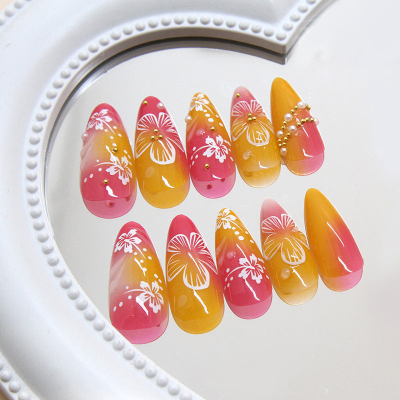 Tropical Blossom Medium Almond Ombre Pink and Yellow Press on Nail Set with Floral Design and Beaded Accents