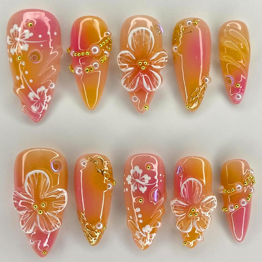 Tropical Blossom Dream Medium Almond Ombre Pink and Orange With Floral Designs and Gold Accents Press-On Nail Set