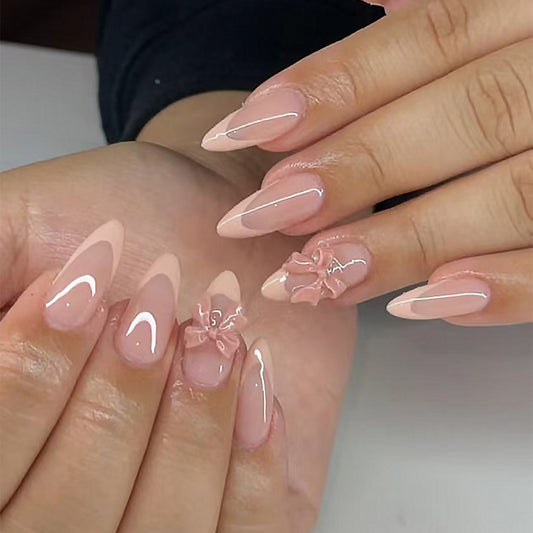 Chic Blossom Elegance Long Almond Beige Gradient Nails with Floral Accents