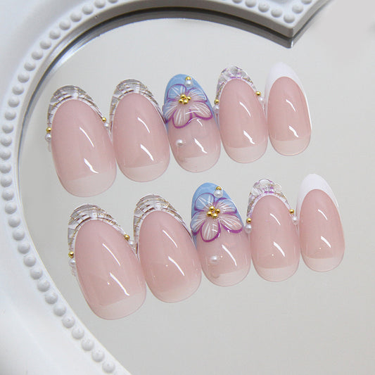 Floral Dream Pink Short Oval Press On Nail Set with Clear Accent and Elegant Flower Design