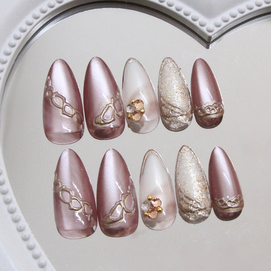 Chic Elegance Medium Almond Mauve Press-On Nail Set with Gold Accents and Floral Embellishments