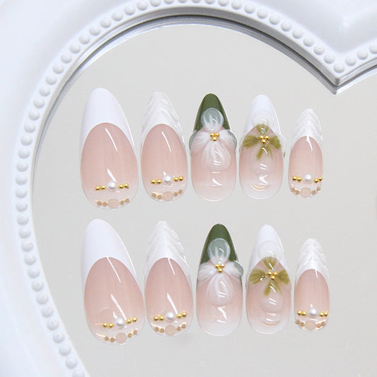 Whimsical Garden Medium Almond Shaped Soft Pink and White Nail Set with Floral Accents and Golden Beads