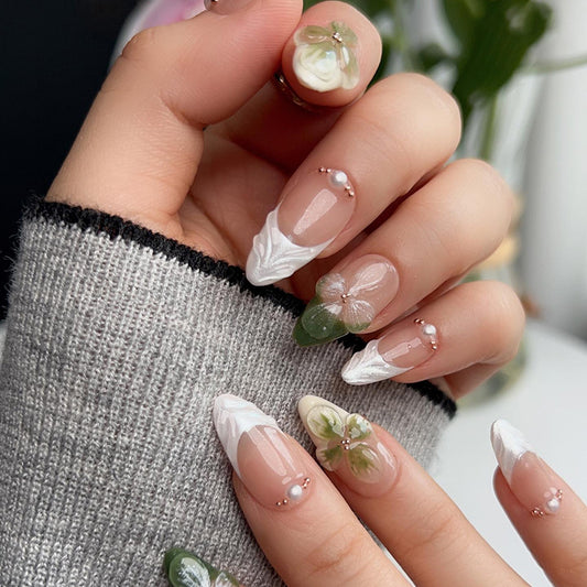 Garden Bliss Elegant Medium Almond Shaped Green and White Press On Nail Set with Floral Embellishments