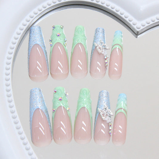 Whimsical Garden Fantasy Long Coffin Mint Green and Baby Blue Gradient Press on Nail Set with Sparkling Gem Accents