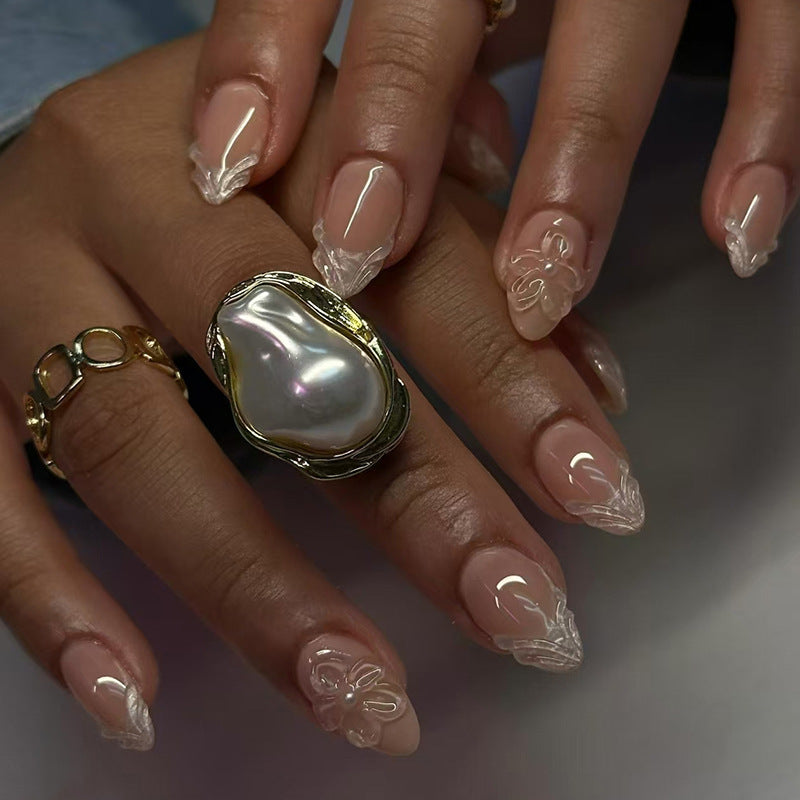 Enchanted Elegance Medium Almond Beige Nails with Unique Clear Floral Tips