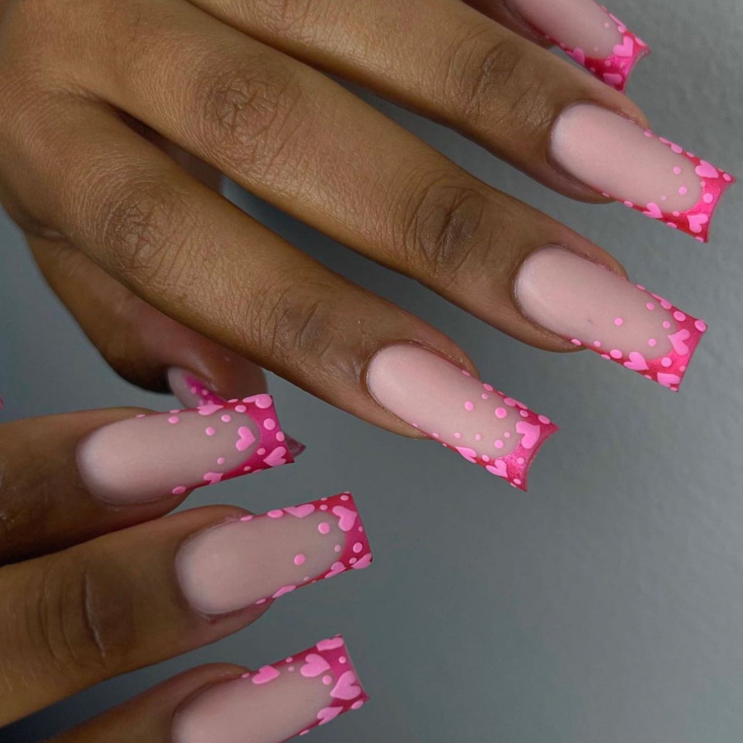 Love Inspired Long Square Pink Nail Set with Heart Tip Design