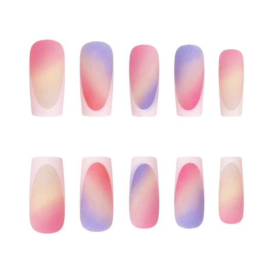 Summer Sunset Ombre Long Square Press On Nail Set, Multi-Color Gradient Artificial Nails with Smooth Transition Finish