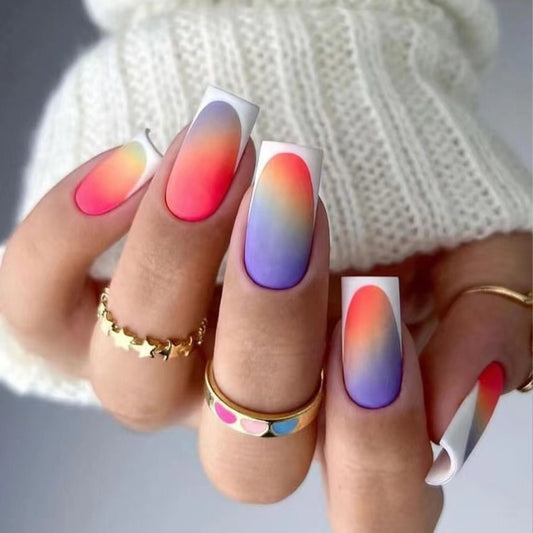 Sunset Bliss Long Square Multicolor Ombre Press On Nail Set with UV Glow Effect