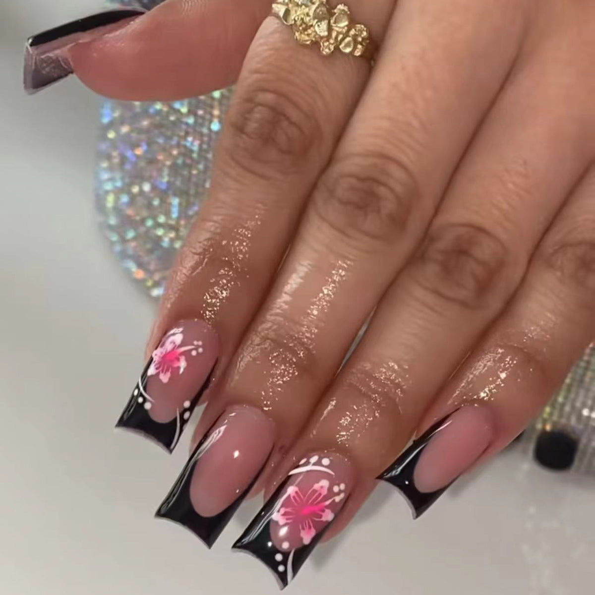 Tropical Blossom Long Square Black and Pink Floral Press On Nails