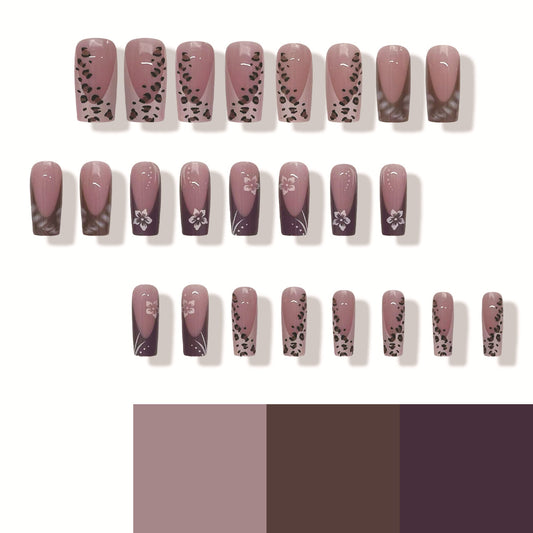 Floral Elegance Long Square Press On Nail Set Pink Brown Leopard Print and Flower Designs