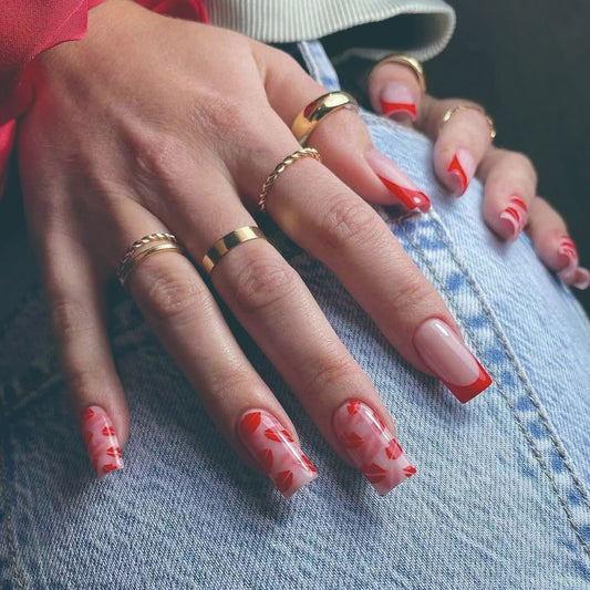 Blossom Romance Long Square Pink and Red Floral Press On Nail Set with Glossy Finish