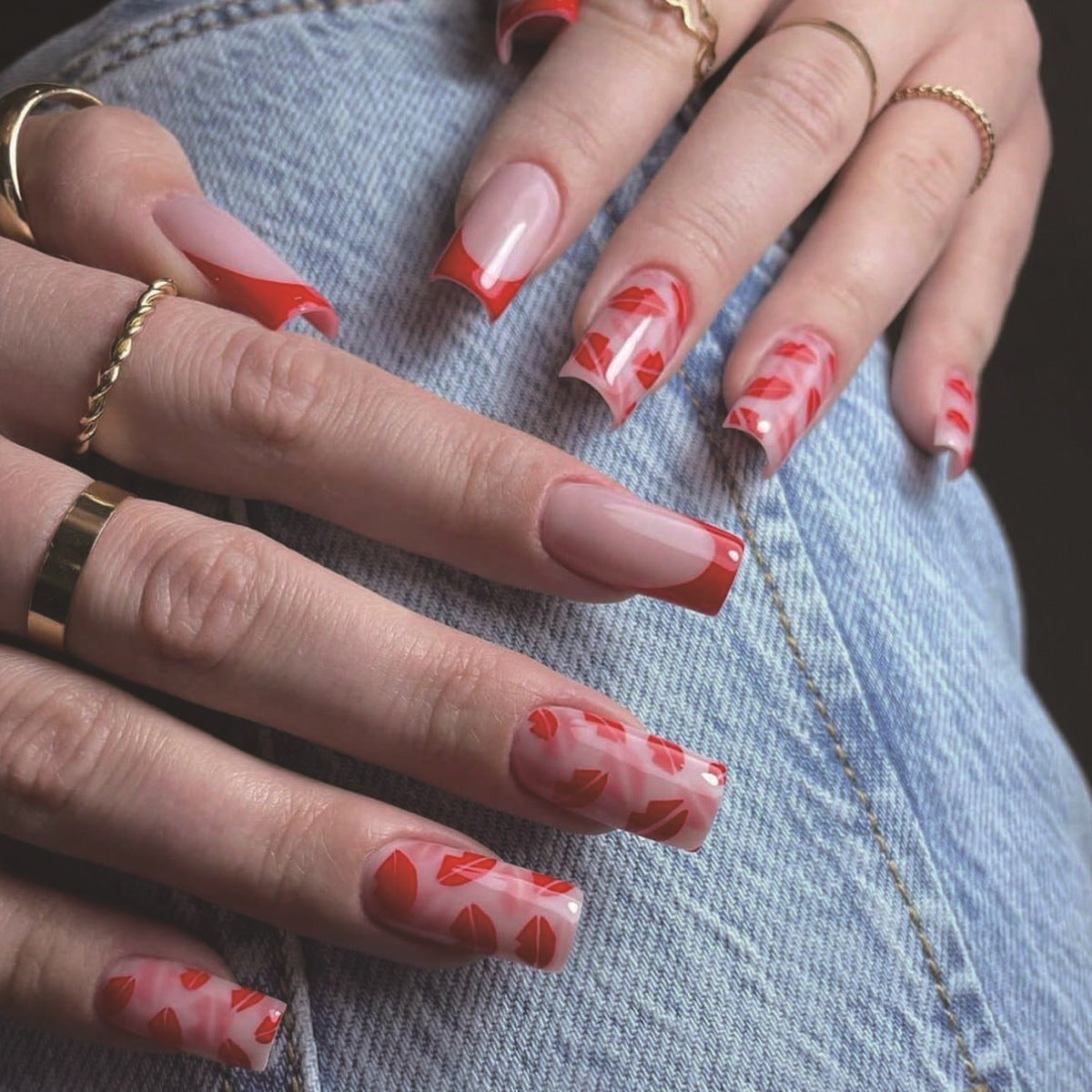 Romantic Garden Long Square Red and Pink Floral Press On Nail Set