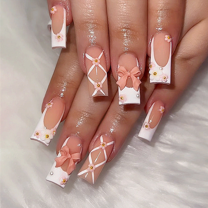 Spring Blossom Extra-Long Square Peach and White Press On Nail Set with 3D Bow Accents and Floral Embellishments