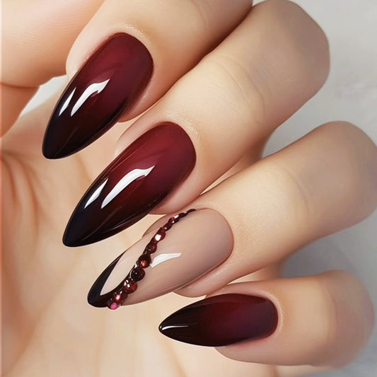 Gothic Romance Long Almond Shaped Deep Red Press On Nail Set with Glamorous Crystal Accents